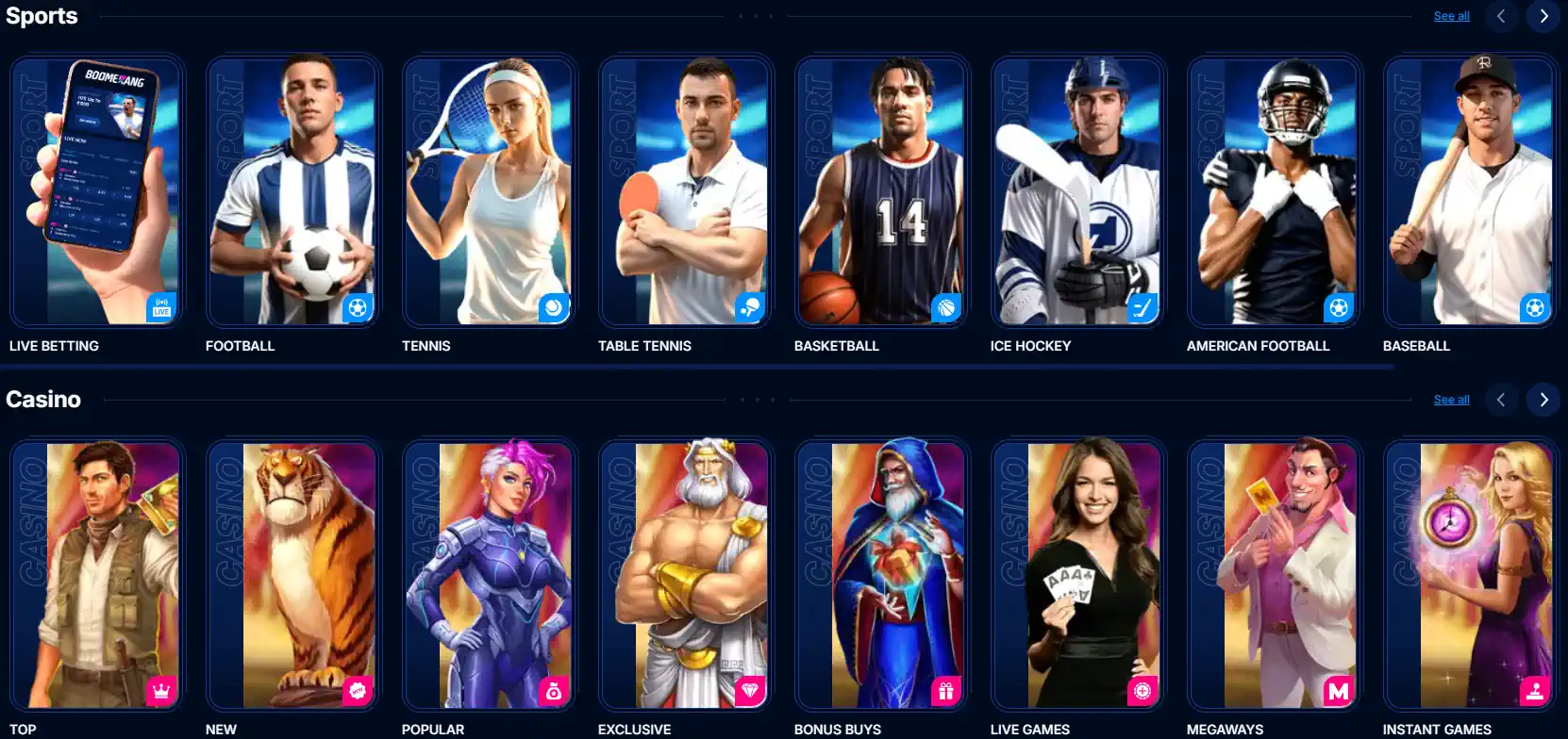 Interfaz de apuestas deportivas móviles y selección de juegos de Boomerang Bet.